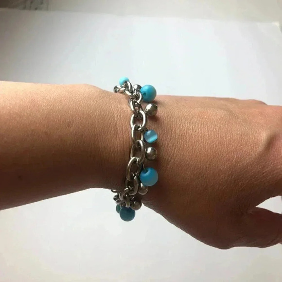 Blue Moonstone Beaded Bracelet Silver Cable Link 7-3/4" - Picture 4 of 5